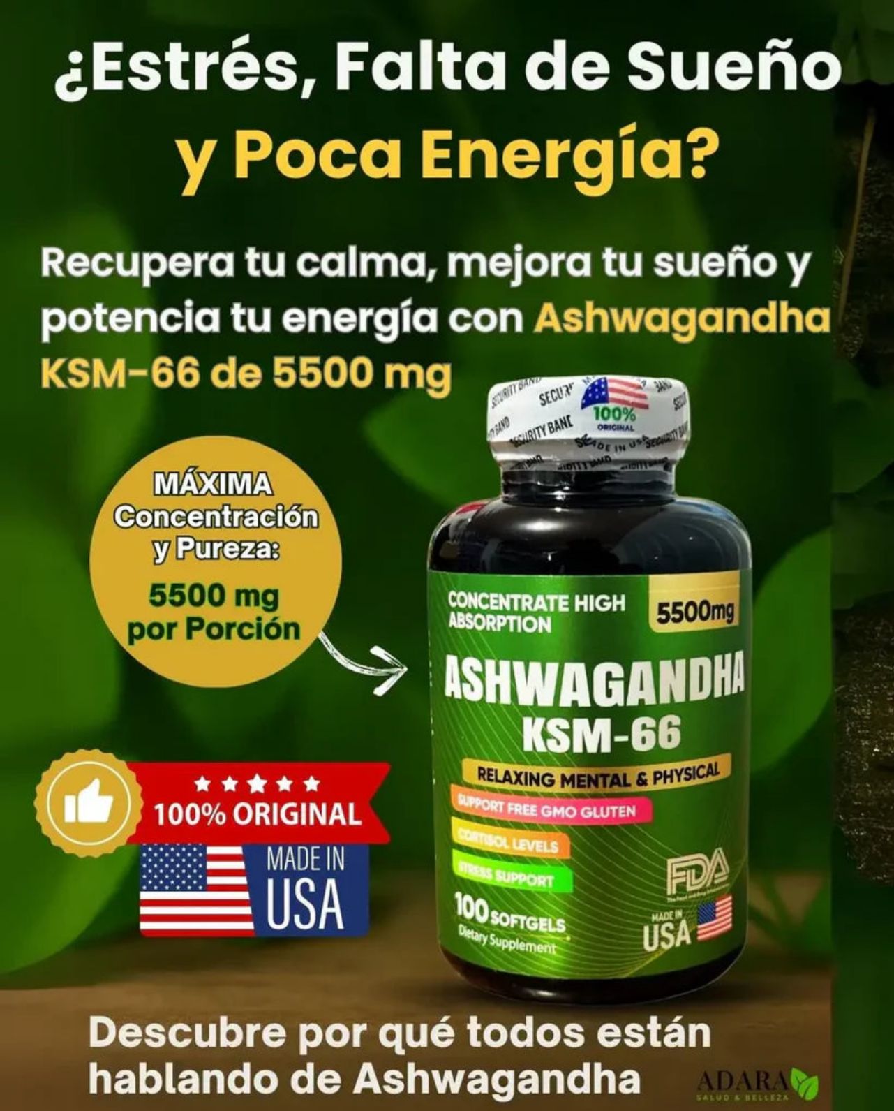 ASHWAGANDHA AMERICANO - 100 Cápsulas Tu solución natural para dominar el estrés, dormir mejor y sentirte imparable